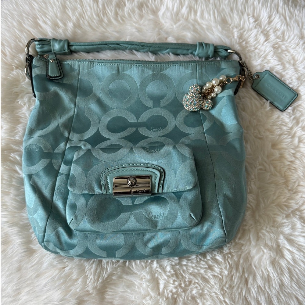 Coach aqua satin bag rare y2k limited vibe rhinestone pearl charm IT girl